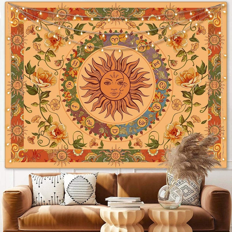Aipon Yellow Sun and Moon Tapestry Indie Tapestries Boho Orange Flower Floral Tapestry Wall Hanging Cool Vintage Aesthetic Wall Tapestry for Bedroom Living Room Dorm (90.6'' × 70.8'', Orange) - Image 1